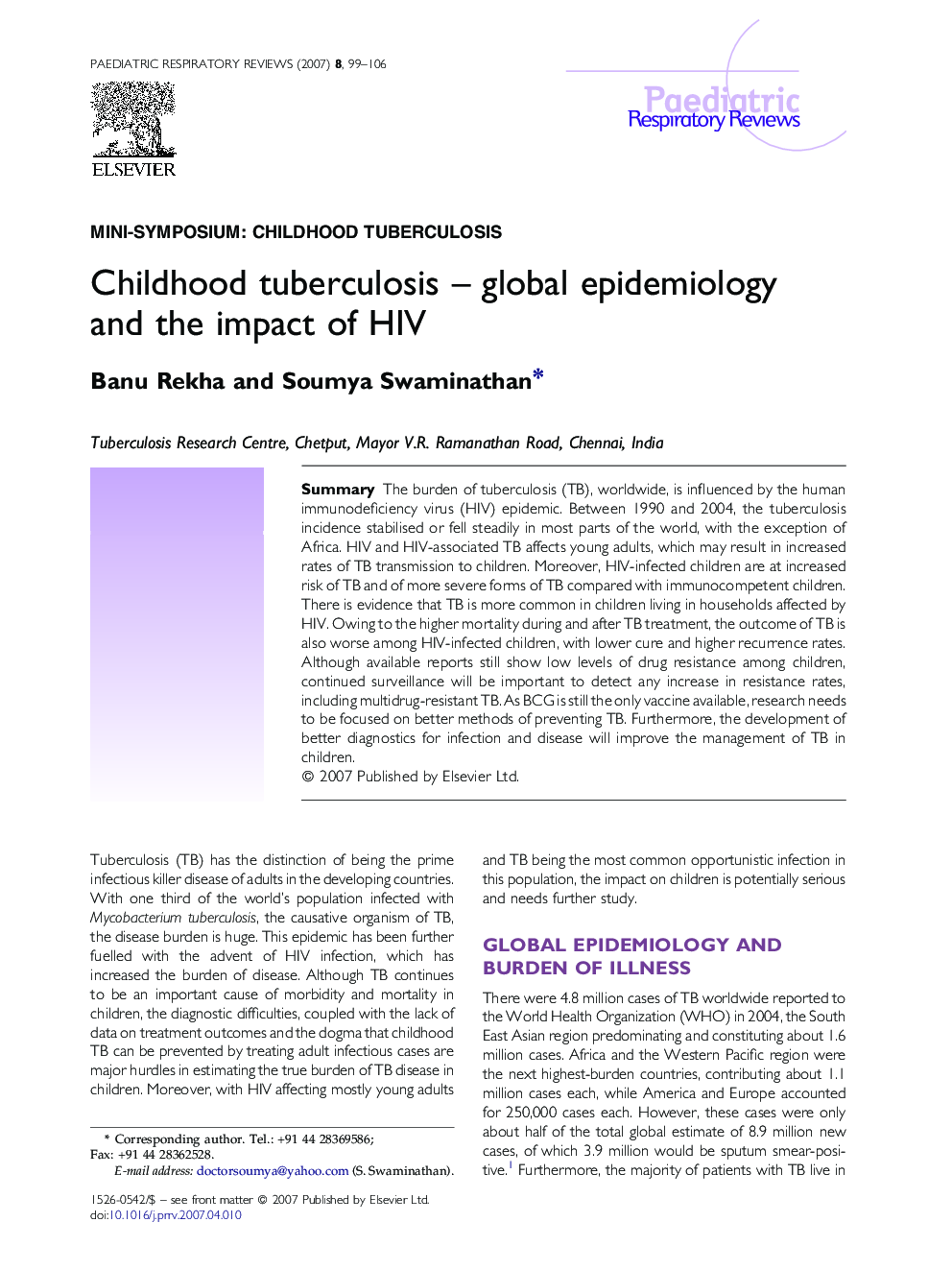 Childhood tuberculosis – global epidemiology and the impact of HIV