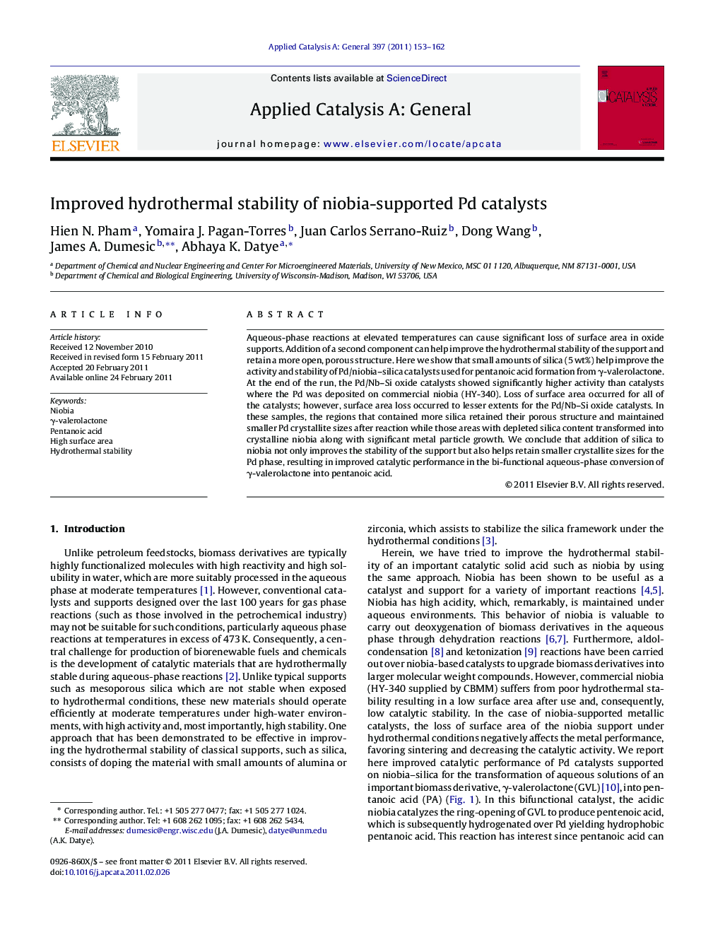 Improved hydrothermal stability of niobia-supported Pd catalysts