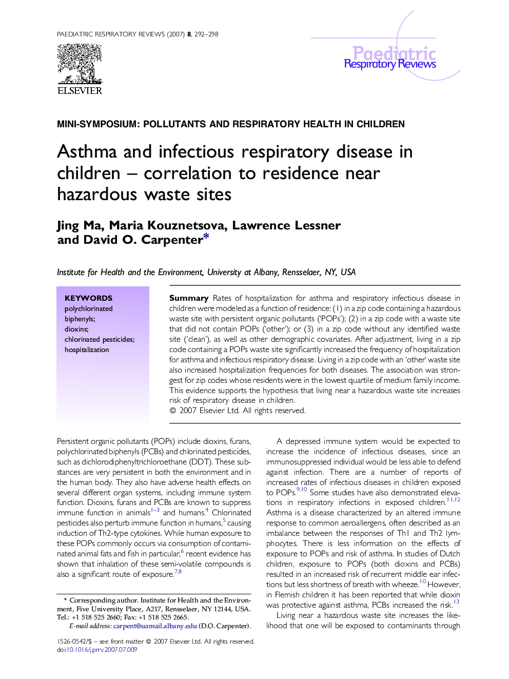 Asthma and infectious respiratory disease in children – correlation to residence near hazardous waste sites