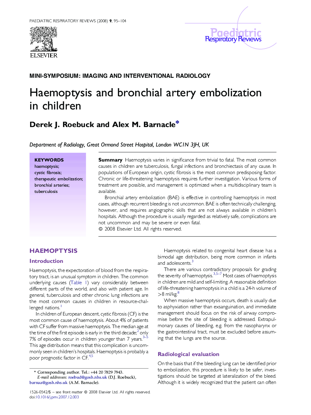 Haemoptysis and bronchial artery embolization in children