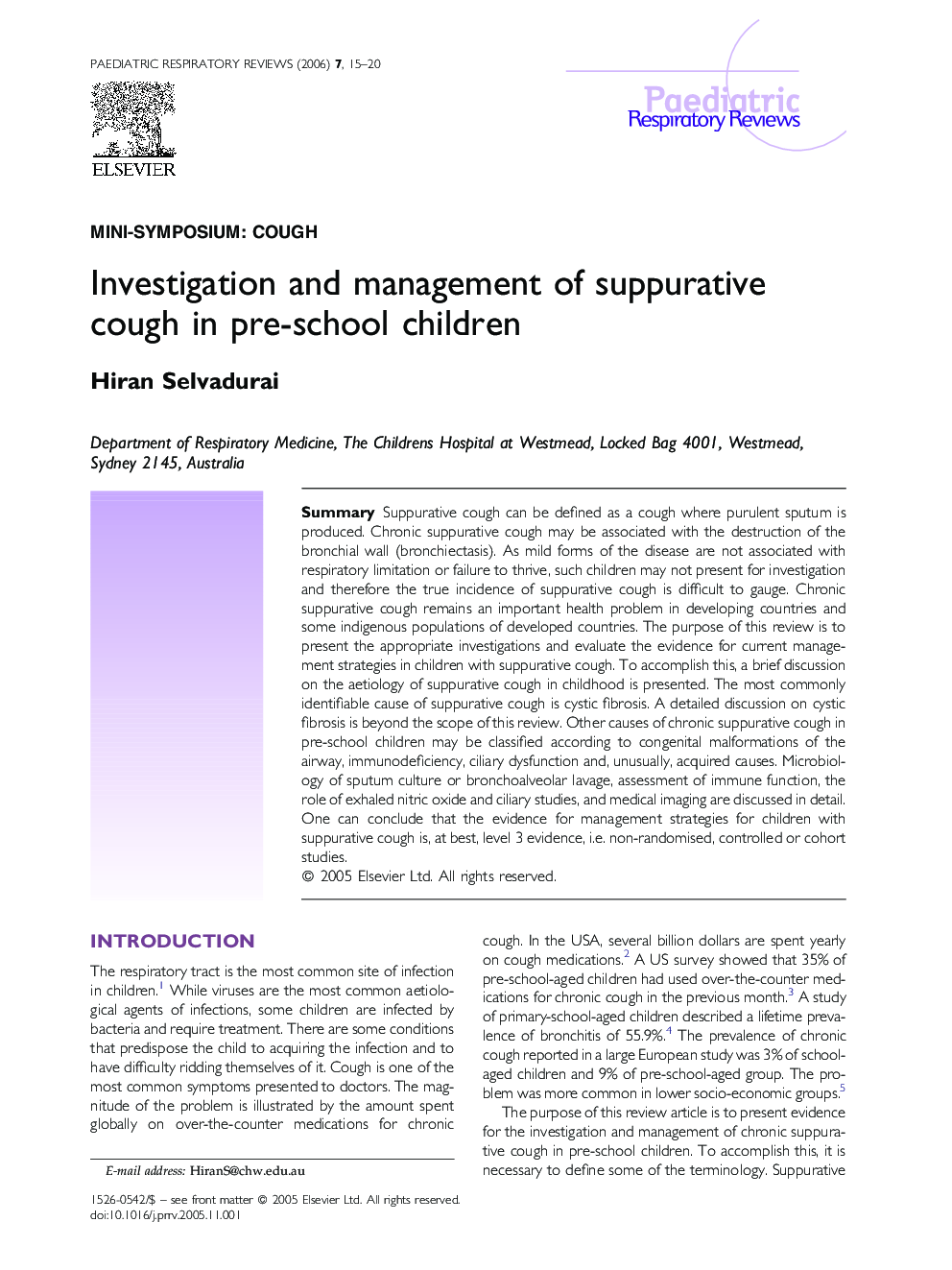 Investigation and management of suppurative cough in pre-school children