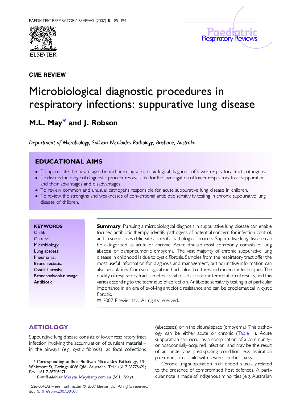 Microbiological diagnostic procedures in respiratory infections: suppurative lung disease