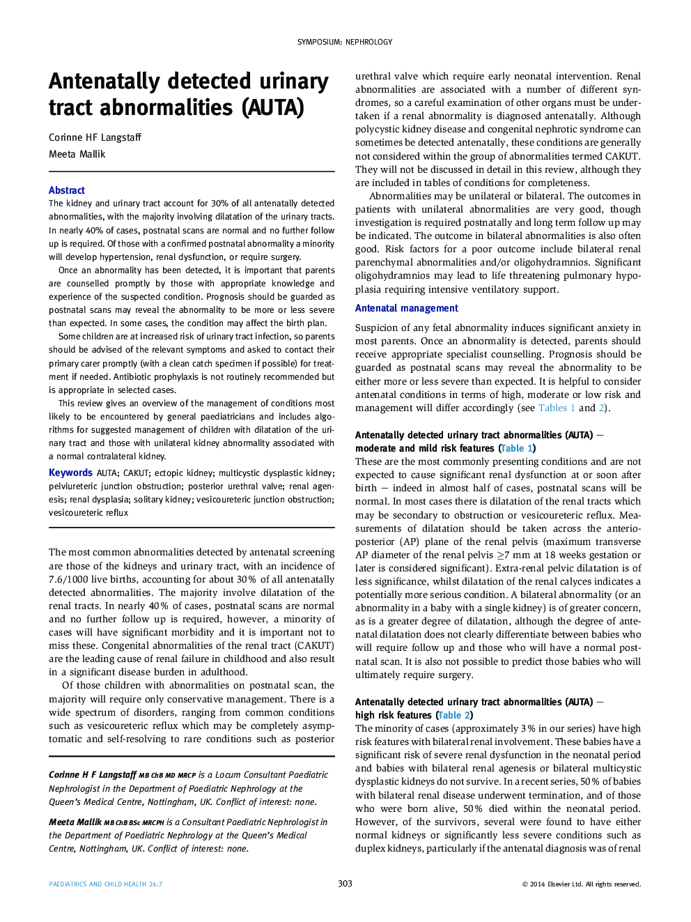 Antenatally detected urinary tract abnormalities (AUTA)