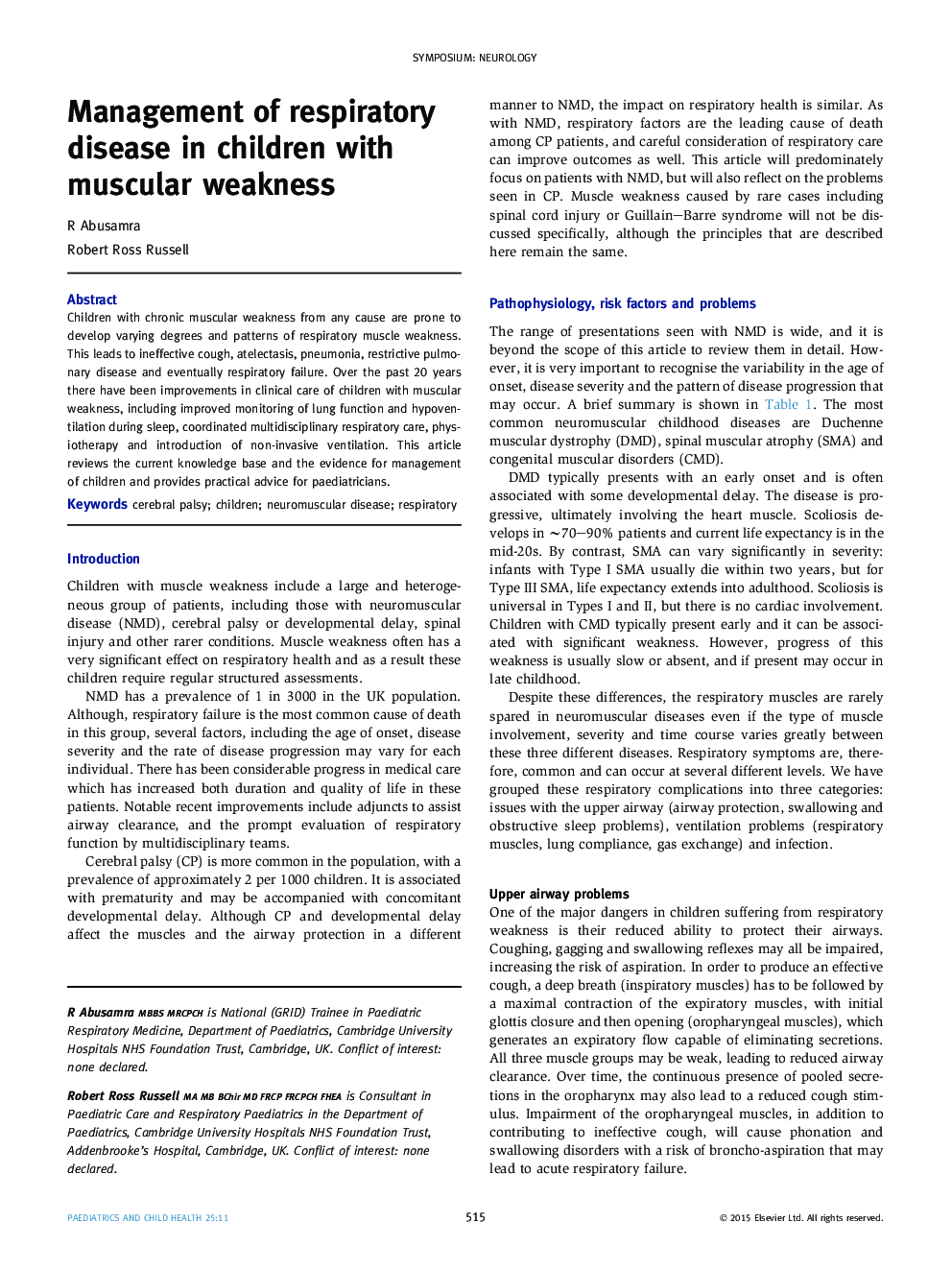 Management of respiratory disease in children with muscular weakness