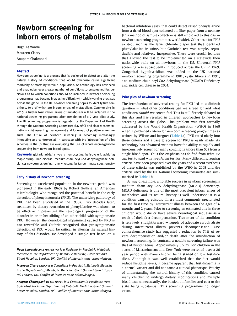 Newborn screening for inborn errors of metabolism