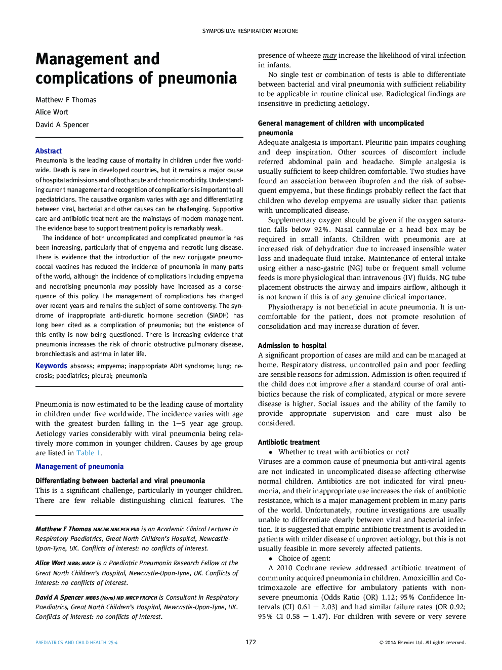 Management and complications of pneumonia