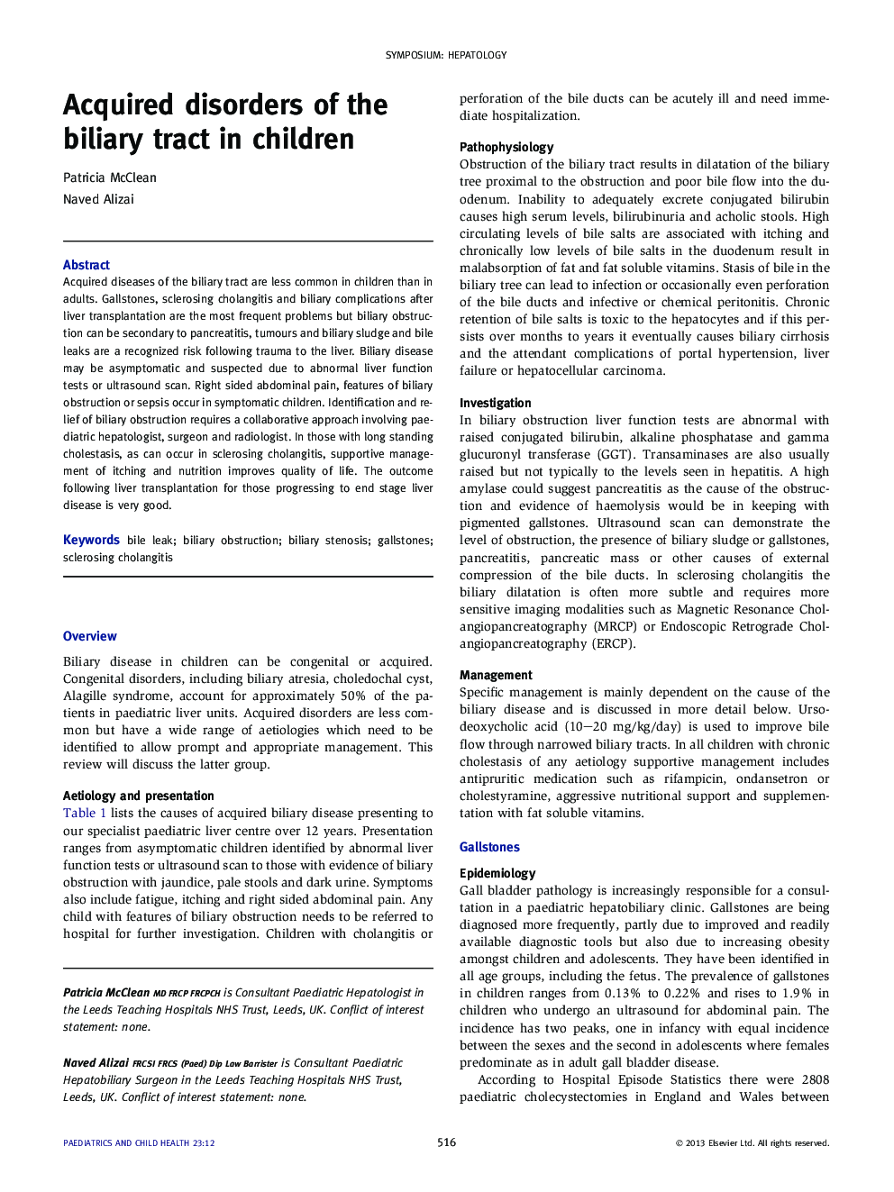 Acquired disorders of the biliary tract in children