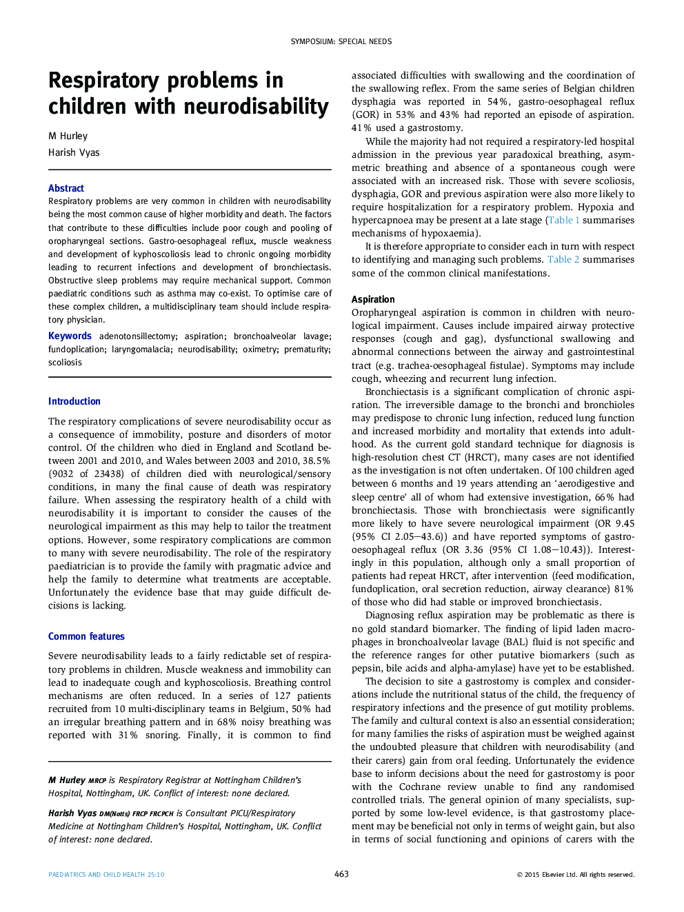 Respiratory problems in children with neurodisability