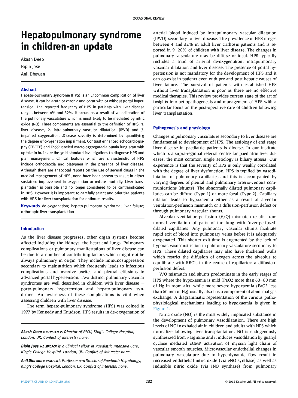 Hepatopulmonary syndrome in children-an update