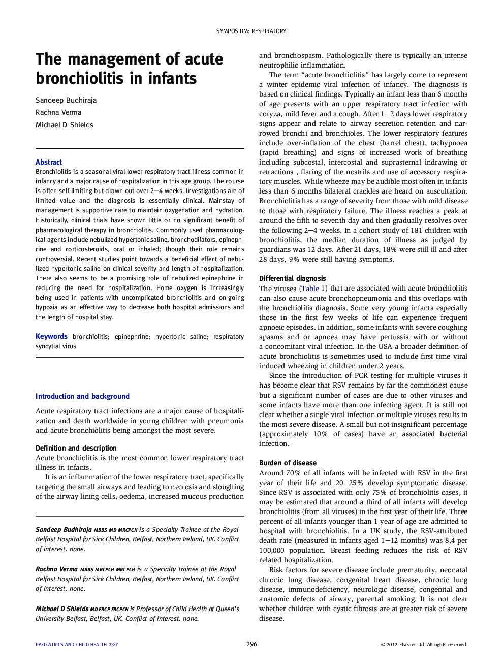 The management of acute bronchiolitis in infants