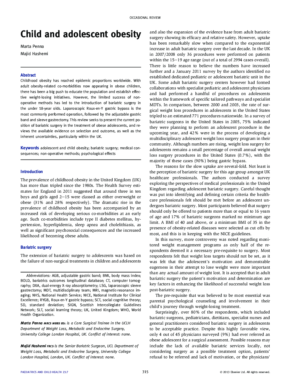 Child and adolescent obesity