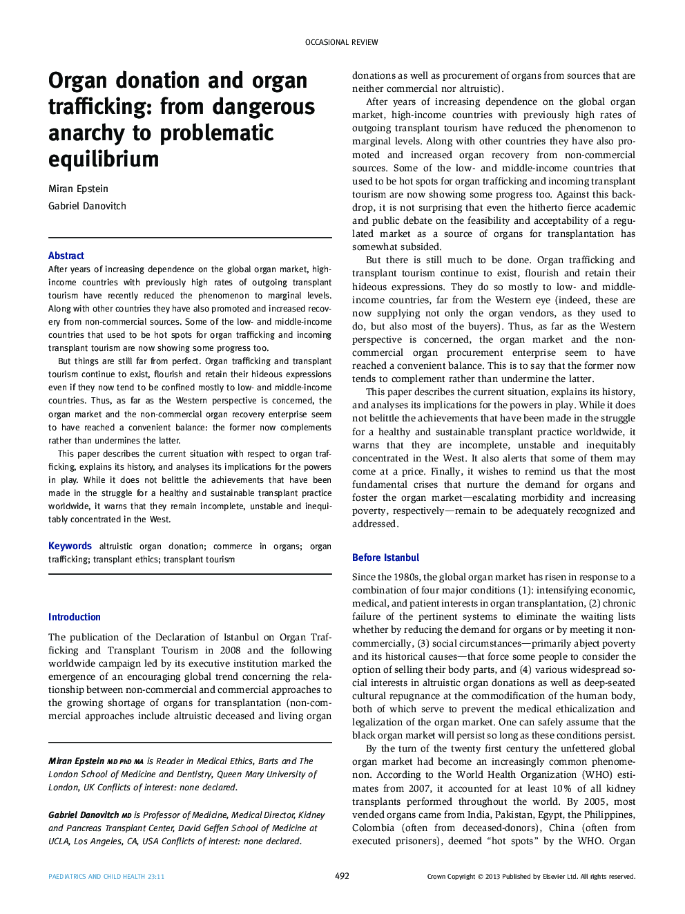 Organ donation and organ trafficking: from dangerous anarchy to problematic equilibrium