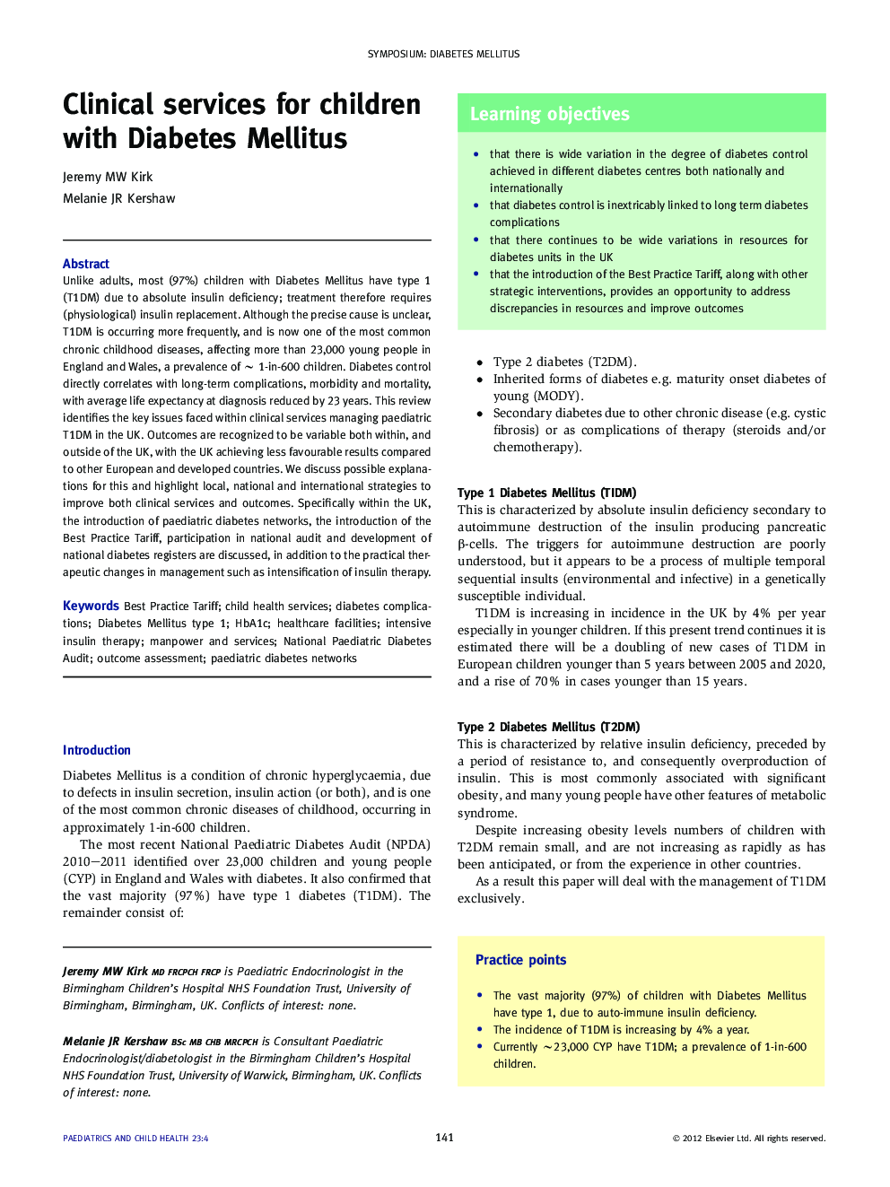 Clinical services for children with Diabetes Mellitus