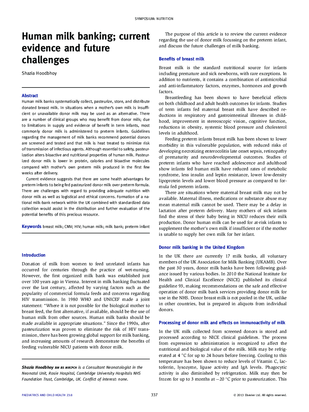 عکس صفحه اول مقاله: Human milk banking; current evidence and future challenges Human milk banking; current evidence and future challenges