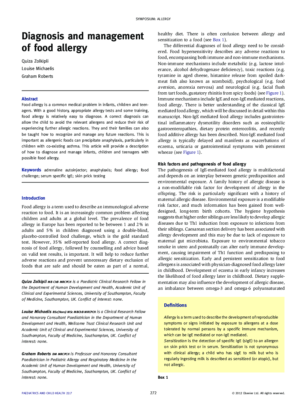 Diagnosis and management of food allergy