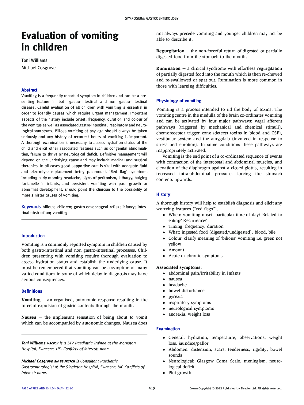 Evaluation of vomiting in children