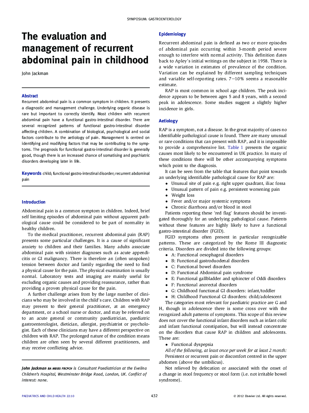 The evaluation and management of recurrent abdominal pain in childhood