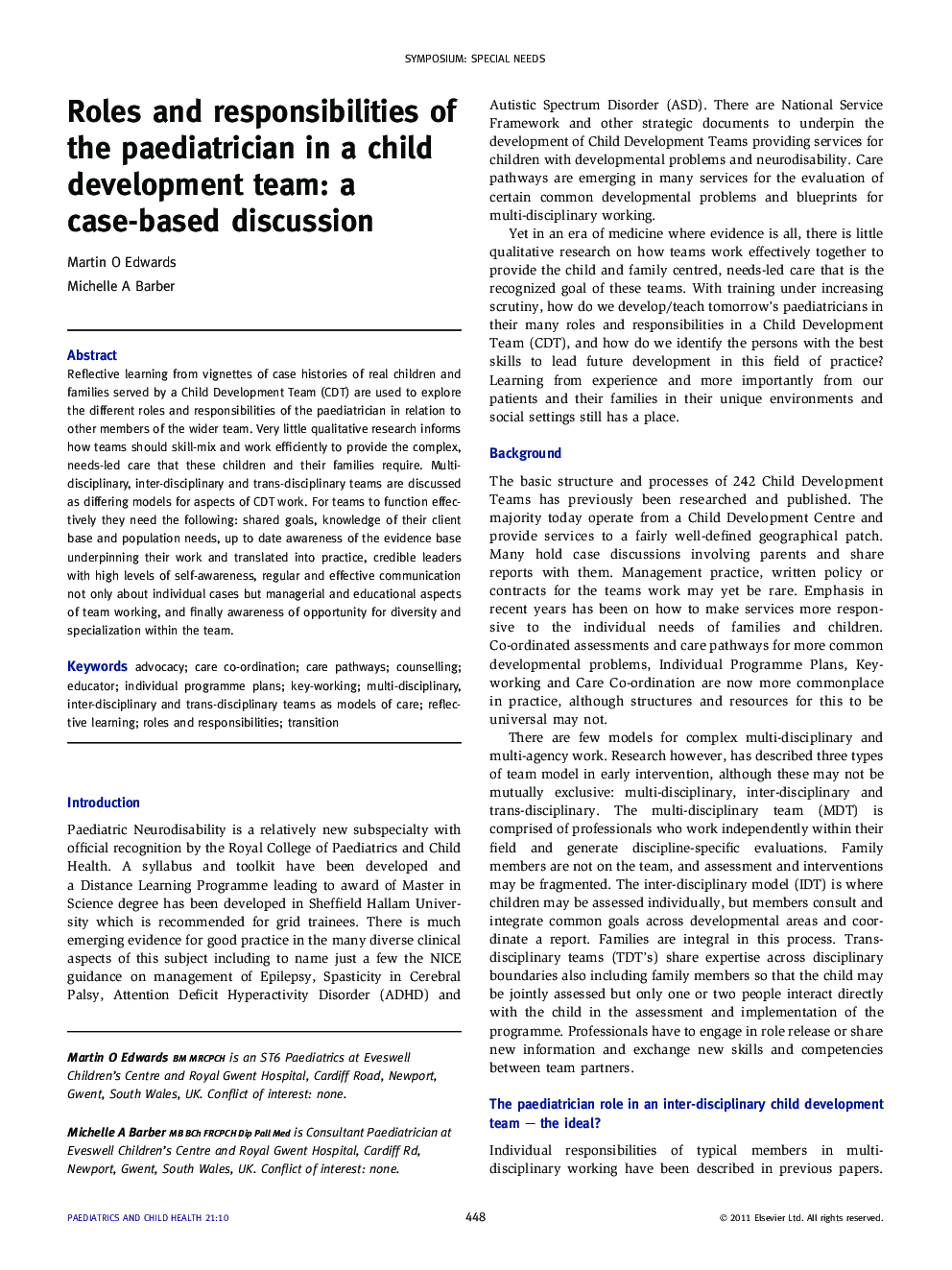 Roles and responsibilities of the paediatrician in a child development team: a case-based discussion