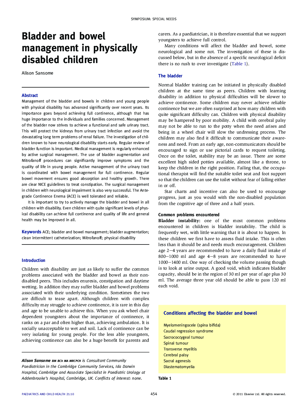 Bladder and bowel management in physically disabled children