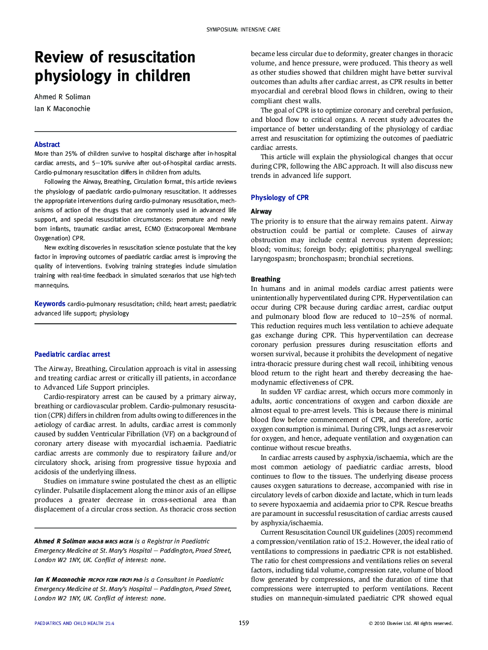 Review of resuscitation physiology in children