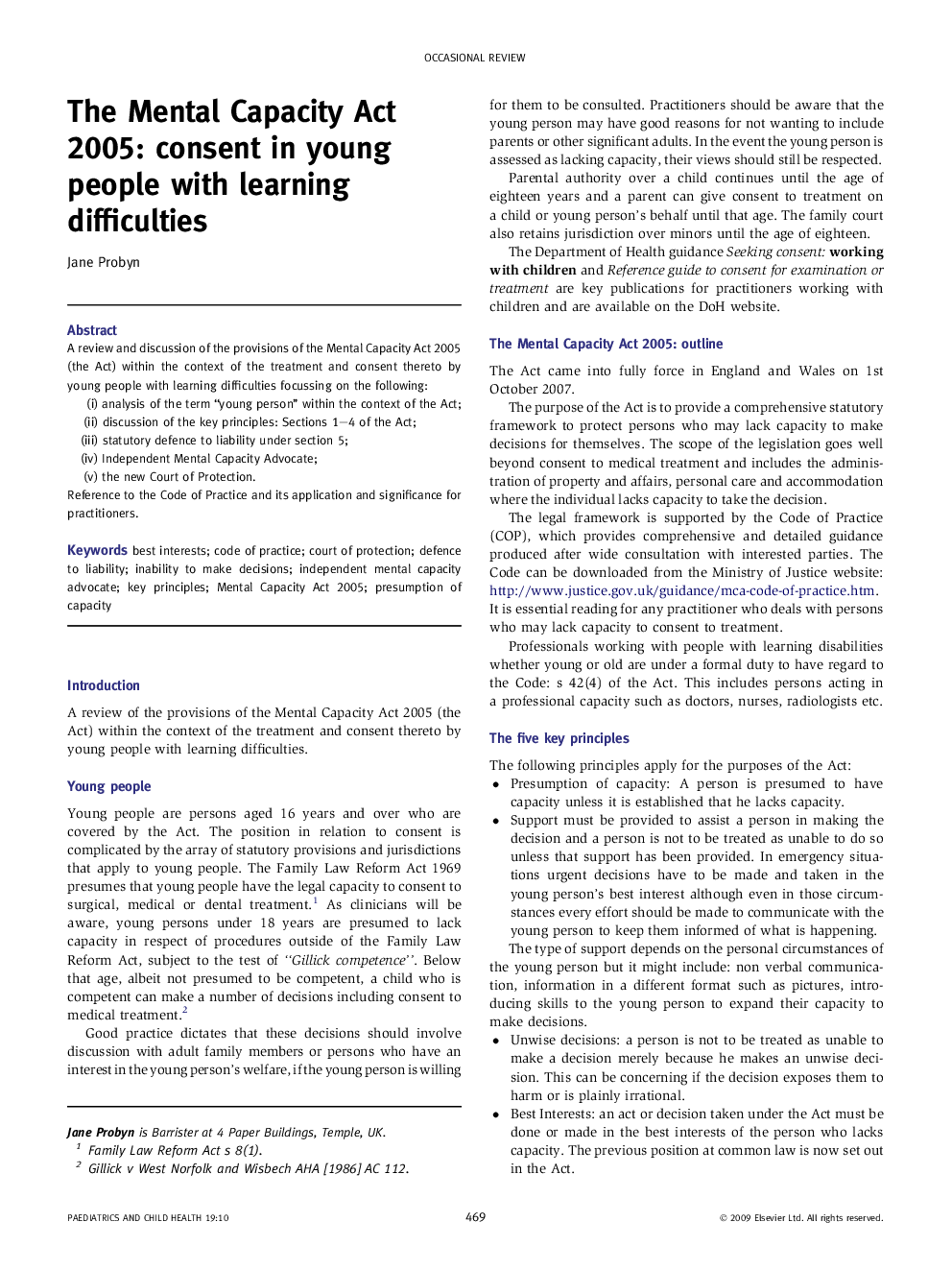 The Mental Capacity Act 2005: consent in young people with learning difficulties