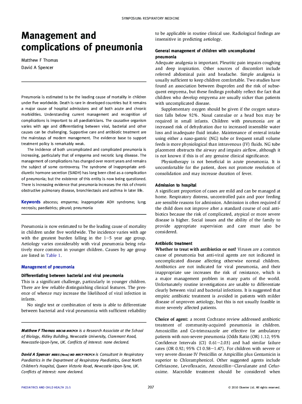 Management and complications of pneumonia