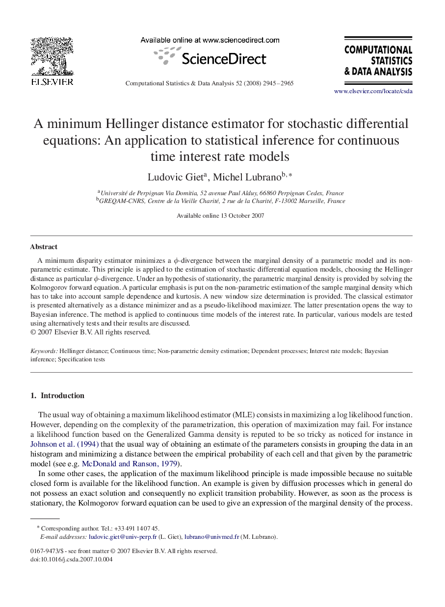 A minimum Hellinger distance estimator for stochastic differential equations: An application to statistical inference for continuous time interest rate models