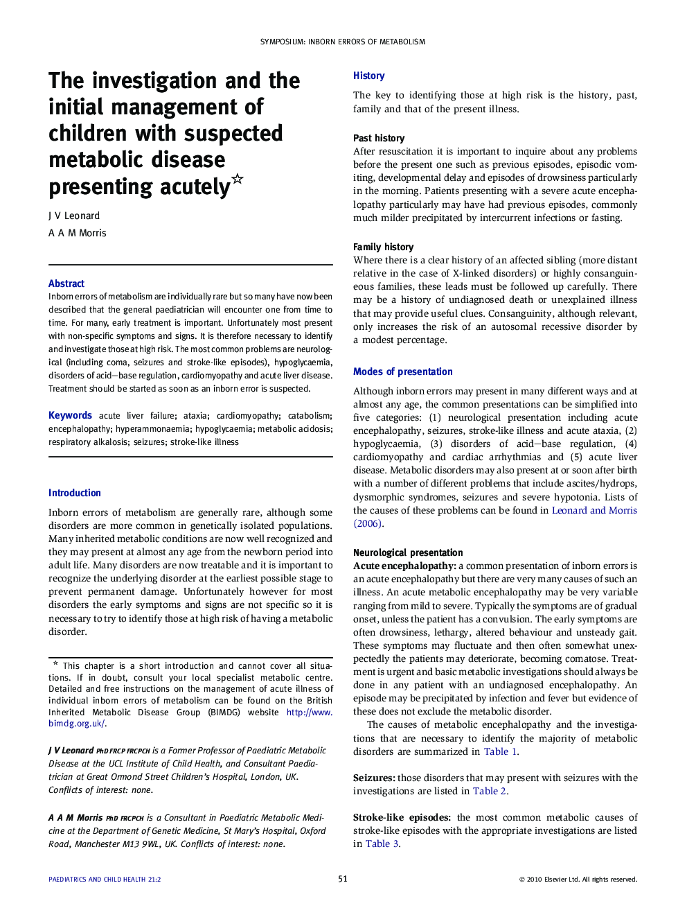 The investigation and the initial management of children with suspected metabolic disease presenting acutely 