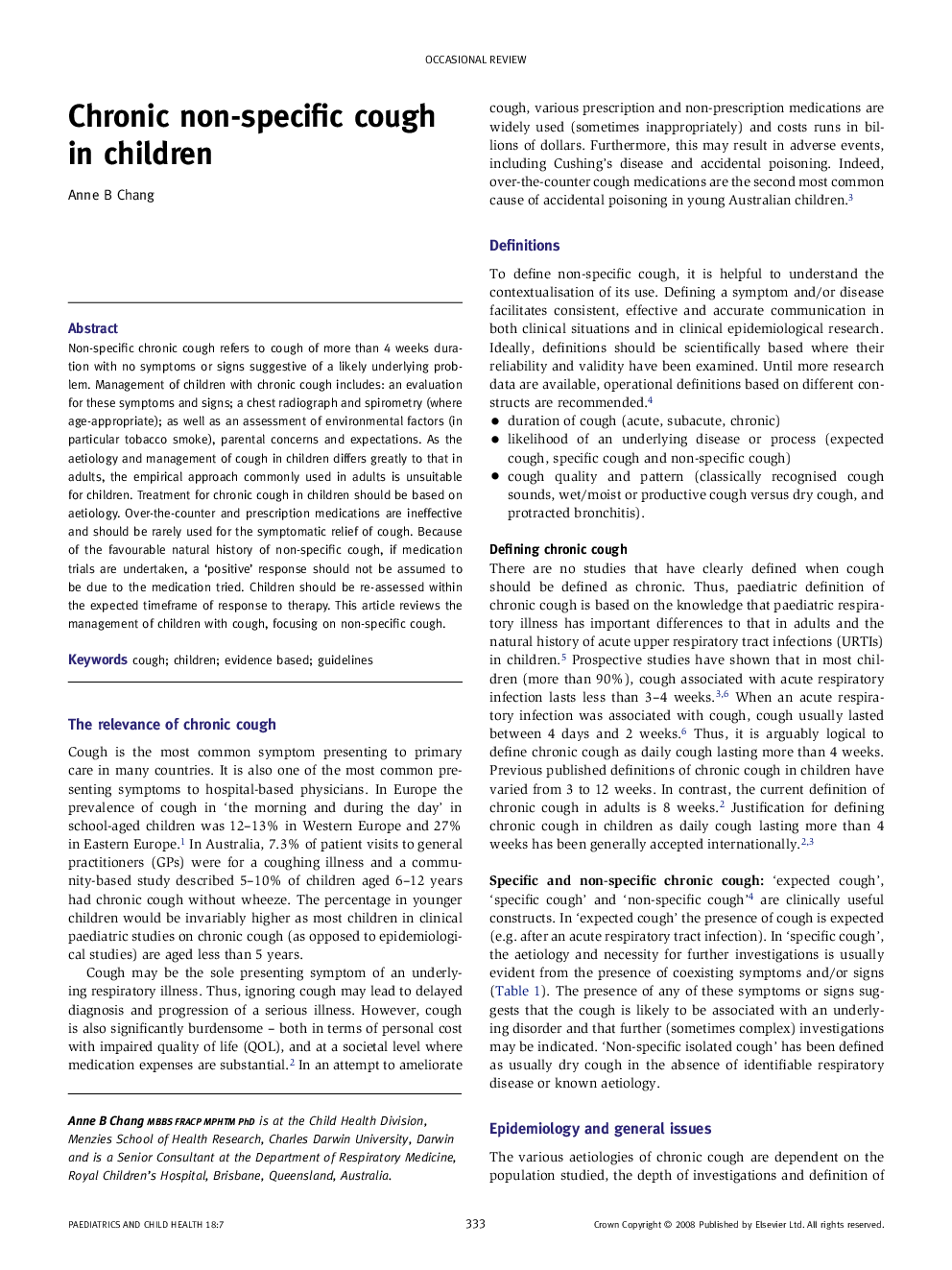 Chronic non-specific cough in children