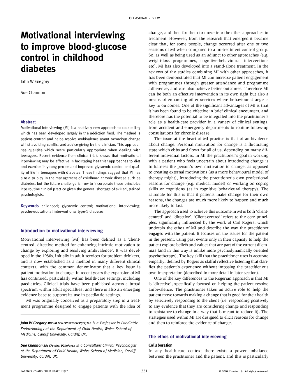 Motivational interviewing to improve blood-glucose control in childhood diabetes