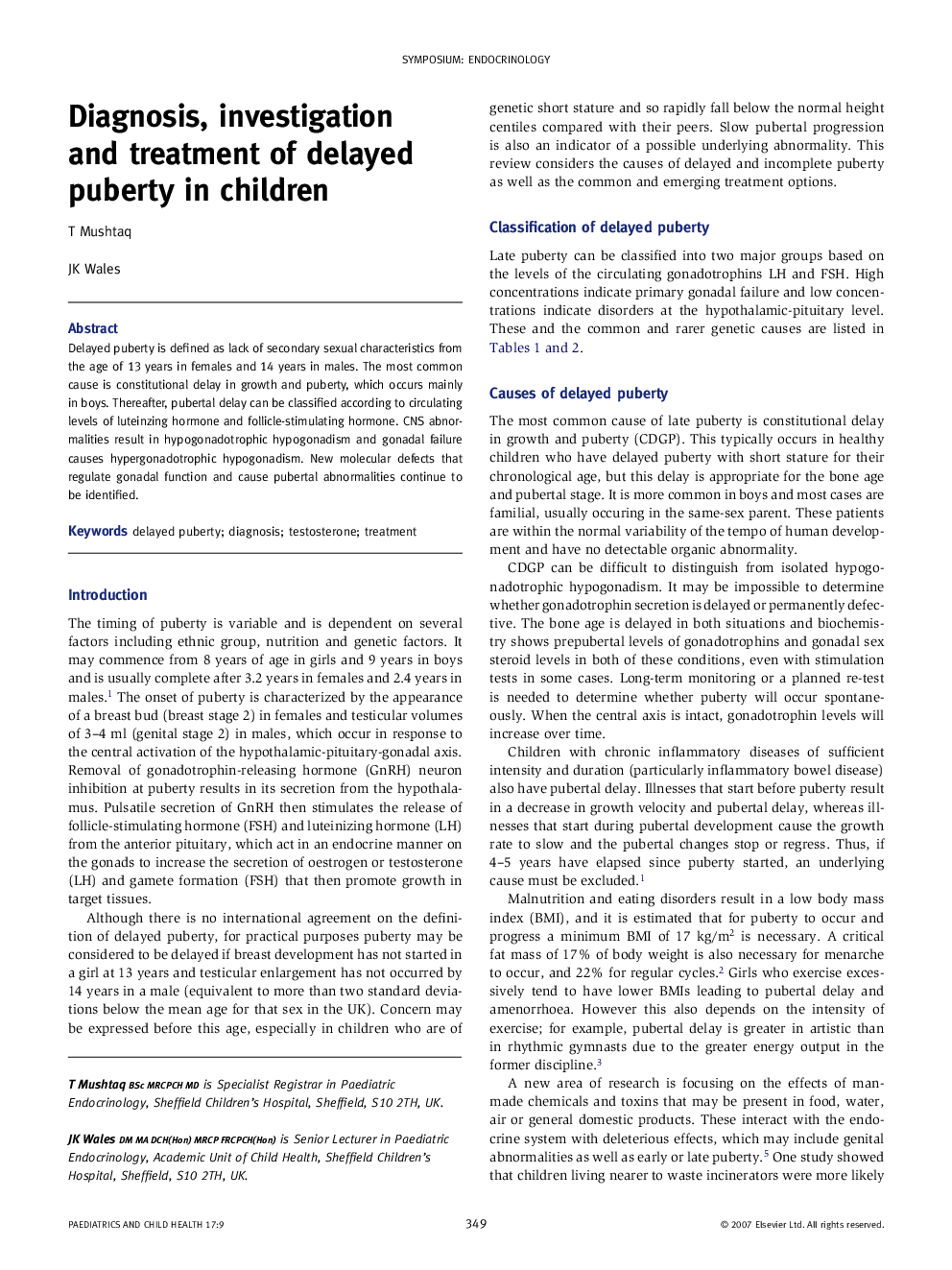 Diagnosis, investigation and treatment of delayed puberty in children