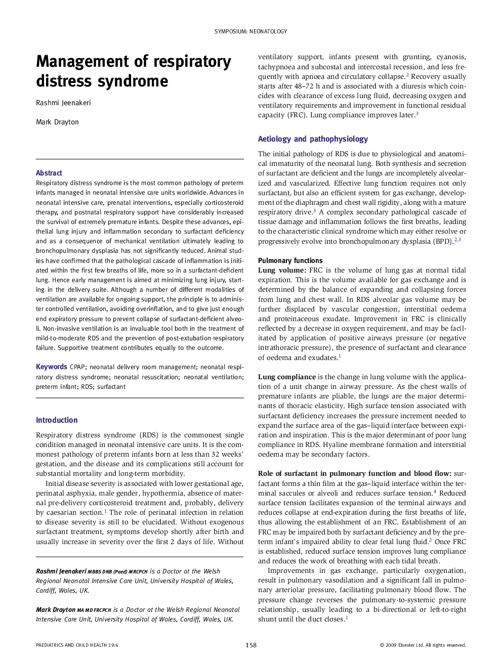 Management of respiratory distress syndrome