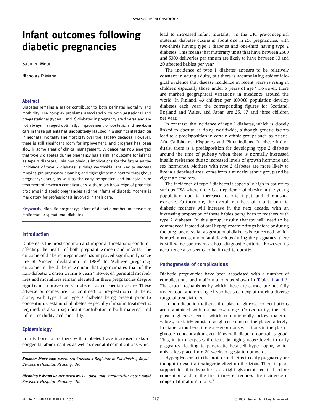 Infant outcomes following diabetic pregnancies