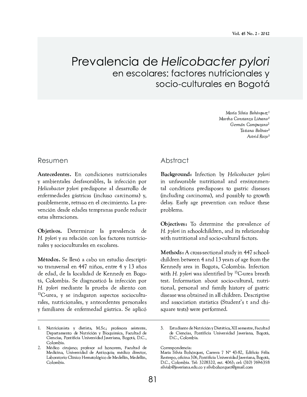 Prevalencia de Helicobacter pylori en escolares: factores nutricionales y socio-culturales en Bogotá