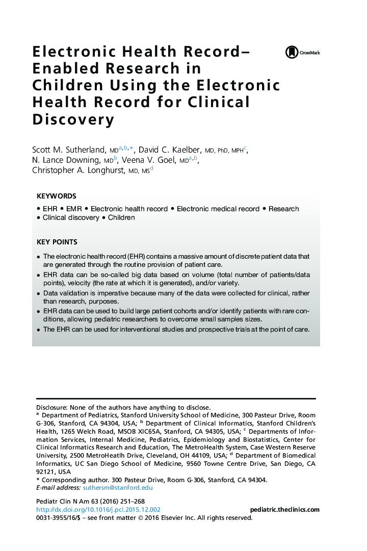 Electronic Health Record-Enabled Research in Children Using the Electronic Health Record for Clinical Discovery