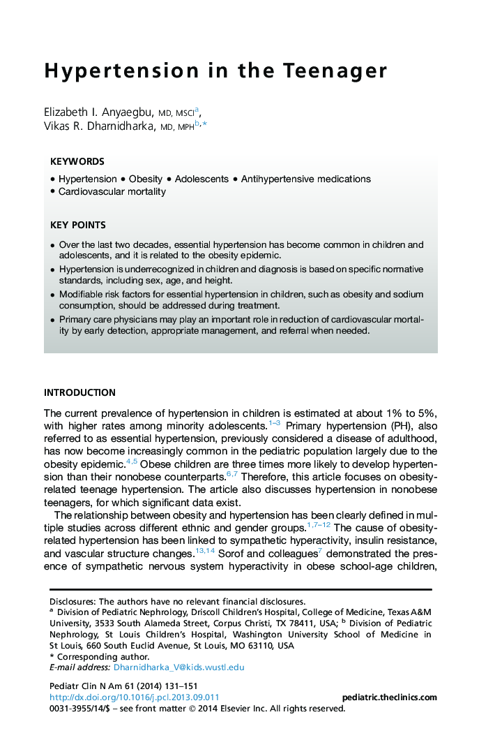 Hypertension in the Teenager