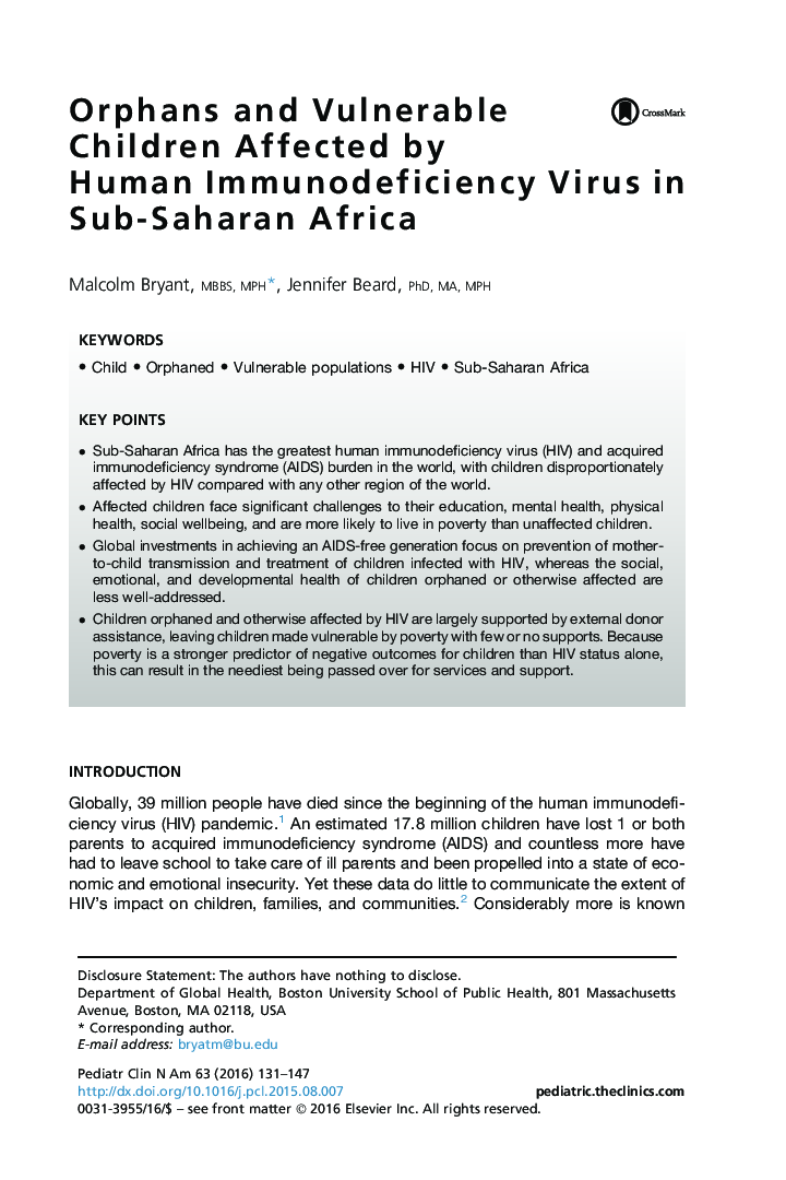 Orphans and Vulnerable Children Affected by Human Immunodeficiency Virus in Sub-Saharan Africa