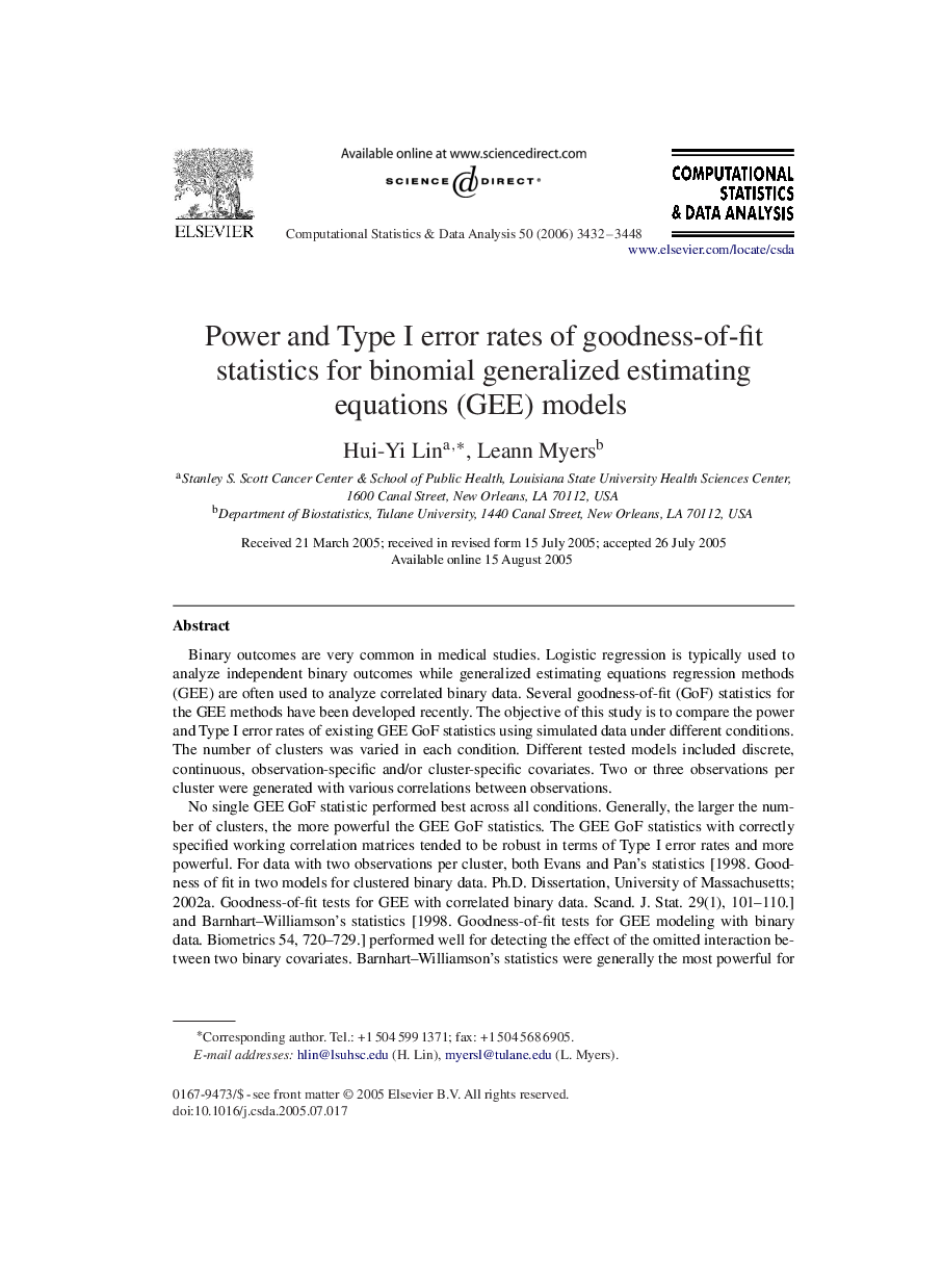 Power and Type I error rates of goodness-of-fit statistics for binomial generalized estimating equations (GEE) models