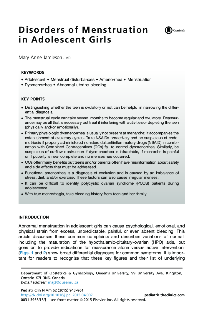 Disorders of Menstruation in Adolescent Girls