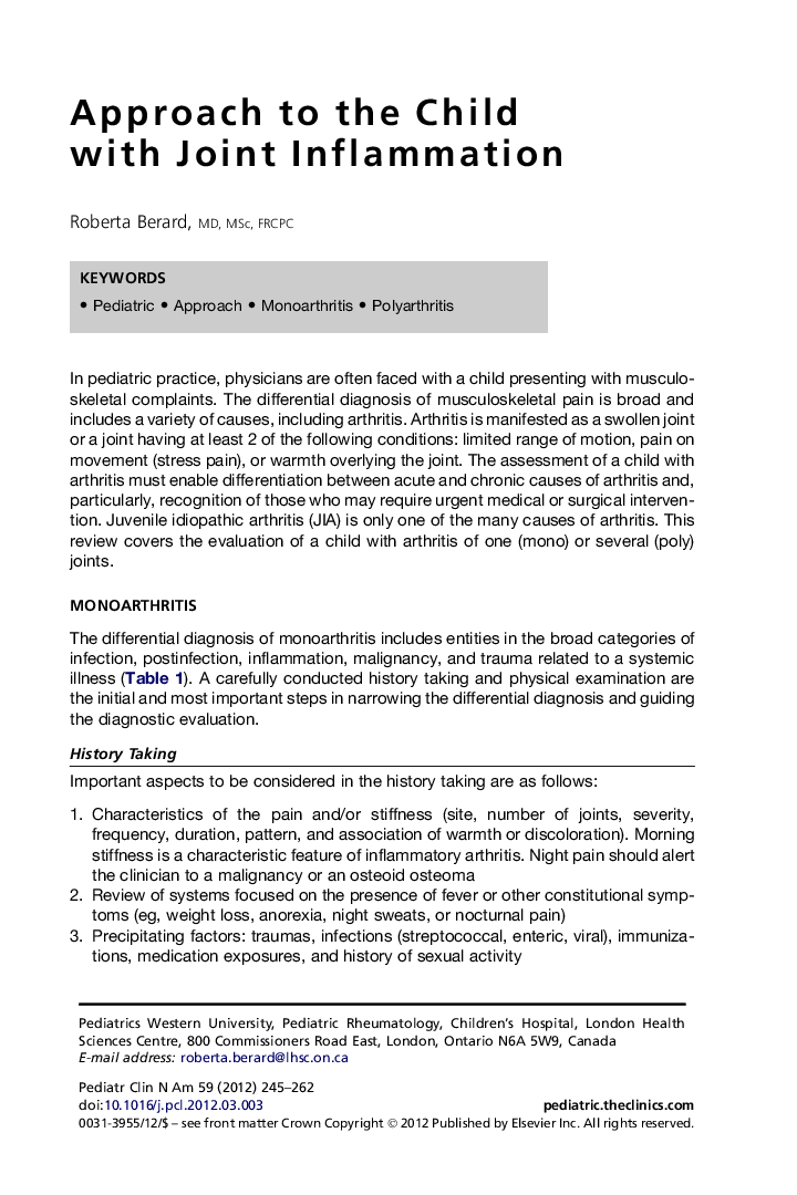 Approach to the Child with Joint Inflammation