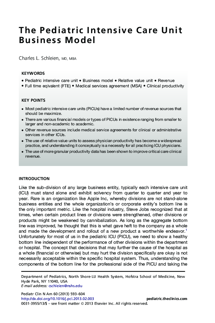 The Pediatric Intensive Care Unit Business Model