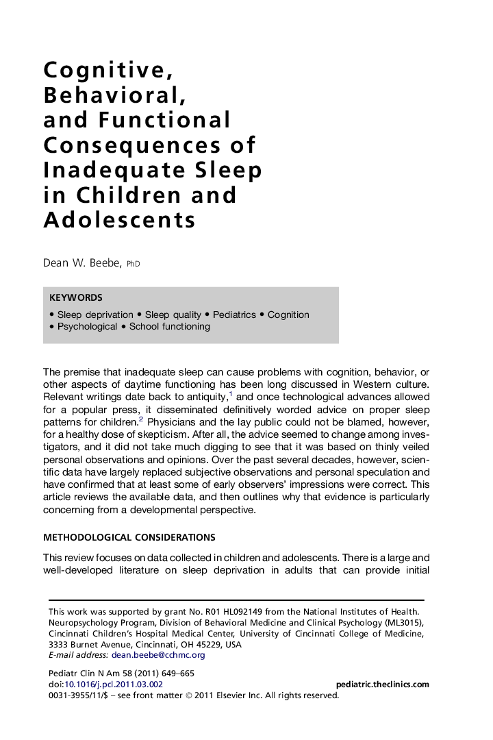 Cognitive, Behavioral, andÂ Functional Consequences of Inadequate Sleep inÂ Children and Adolescents