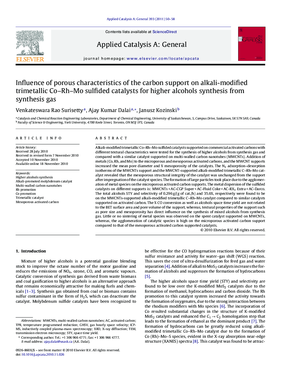 Influence of porous characteristics of the carbon support on alkali-modified trimetallic Co–Rh–Mo sulfided catalysts for higher alcohols synthesis from synthesis gas