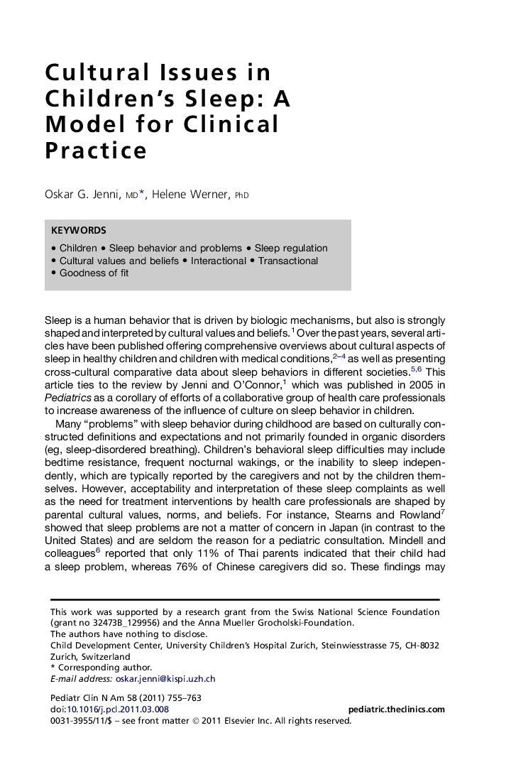 Cultural Issues in Children's Sleep: A Model for Clinical Practice