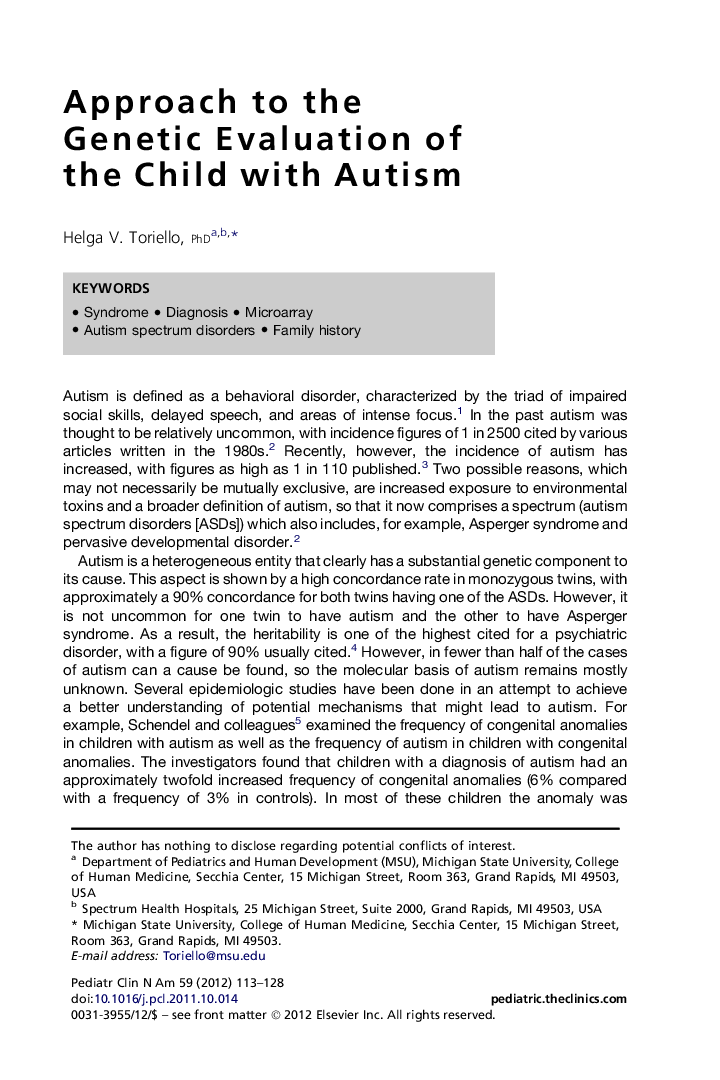 Approach to the Genetic Evaluation of the Child with Autism