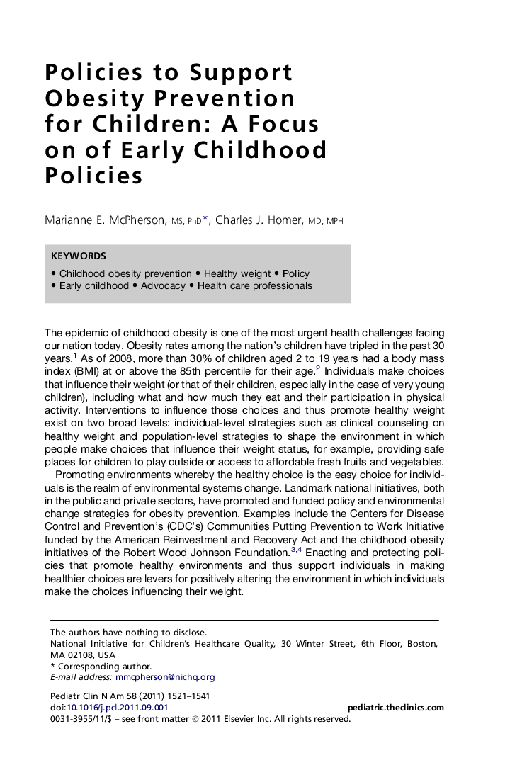 Policies to Support Obesity Prevention for Children: A Focus on of Early Childhood Policies