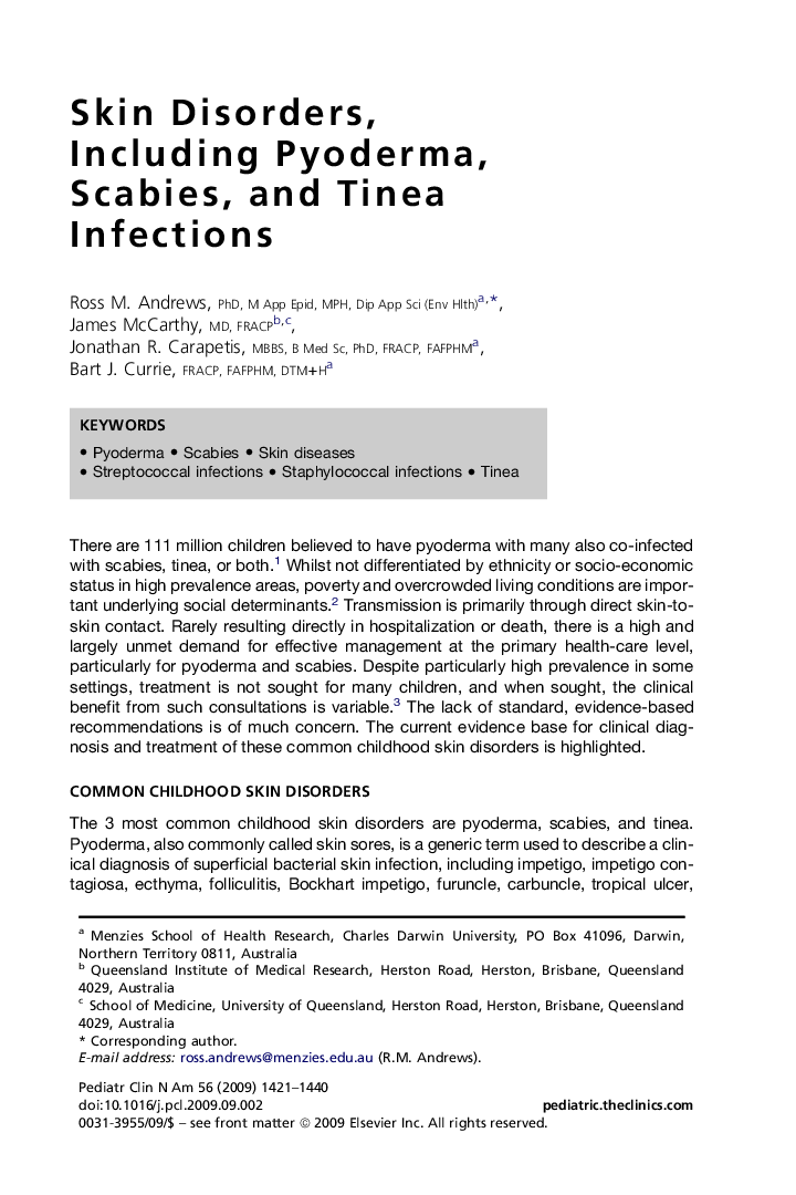 Skin Disorders, Including Pyoderma, Scabies, and Tinea Infections