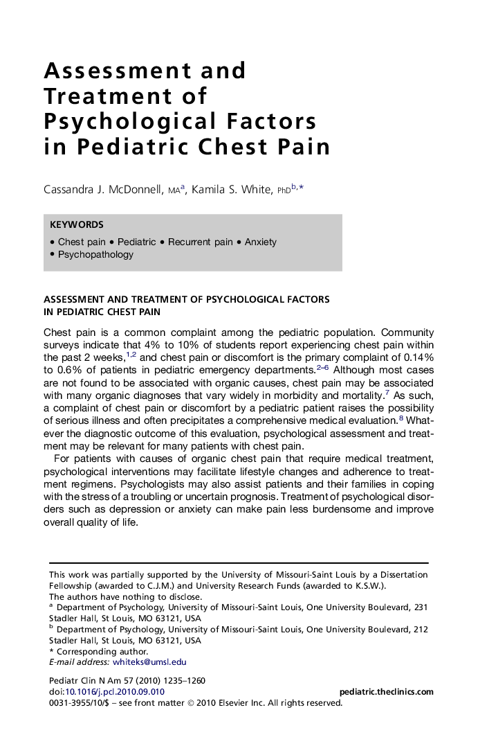 Assessment and Treatment of Psychological Factors in Pediatric Chest Pain