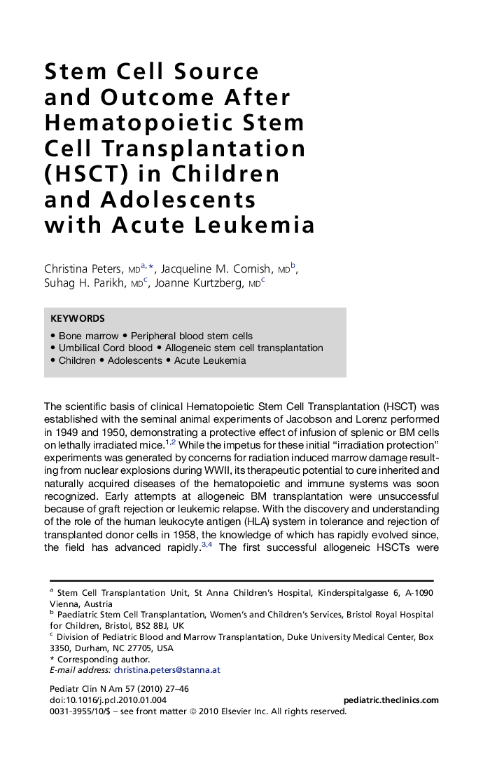 Stem Cell Source and Outcome After Hematopoietic Stem Cell Transplantation (HSCT) in Children and Adolescents with Acute Leukemia