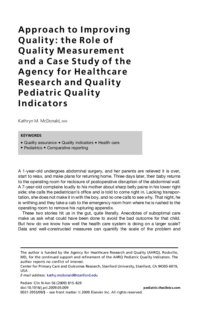 Approach to Improving Quality: the Role of Quality Measurement and a Case Study of the Agency for Healthcare Research and Quality Pediatric Quality Indicators 